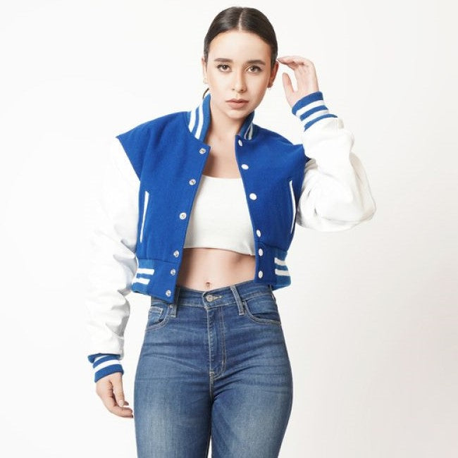 Blue & White Cropped Letterman Leather Jacket for Women