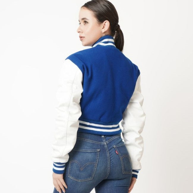 Blue & White Cropped Letterman Leather Jacket for Women
