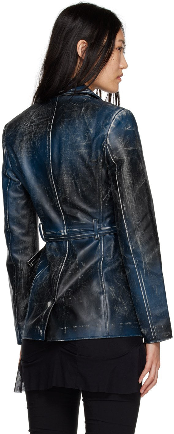 Blue Distressed Leather Blazer for Women