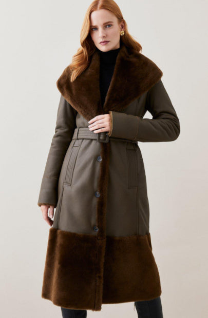Dark Brown Sheepskin Leather Trench Coat for Women with Luxurious Fur Collar