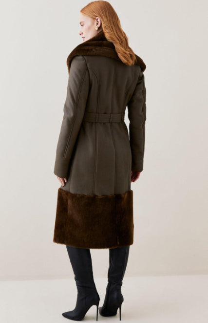 Dark Brown Sheepskin Leather Trench Coat for Women with Luxurious Fur Collar