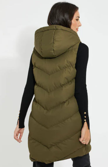 Khaki Women's Hooded Sleeveless Puffer Coat