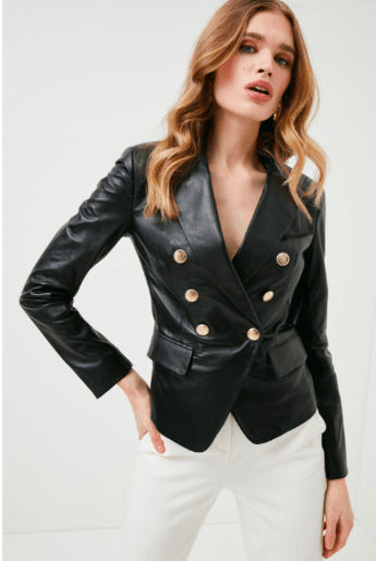 Classic Black Leather Blazer for Women with Gold Buttons