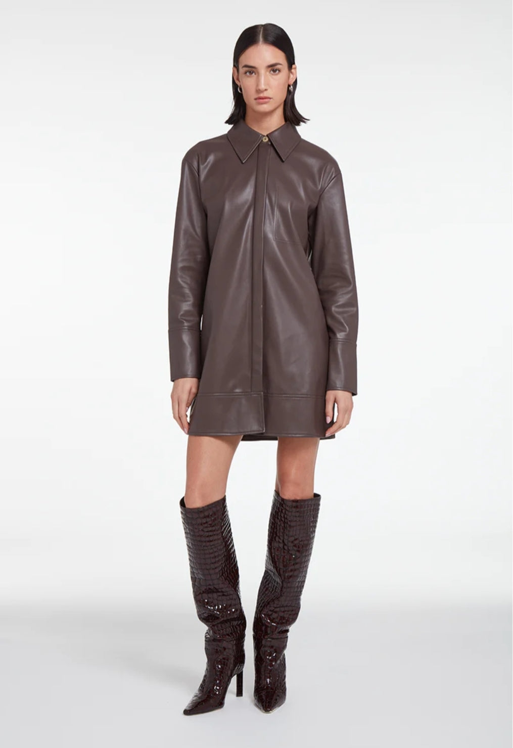 Café Luxe Leather Shirt – Women's Long Coffee Brown Leather Shirt