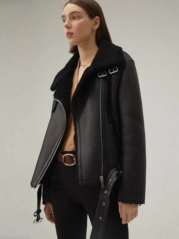 Matte Black Women's Shearling Leather Jacket