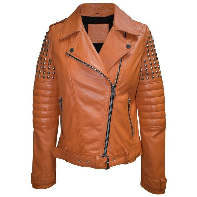 Brown Studded Leather Motorcycle Jacket for Women