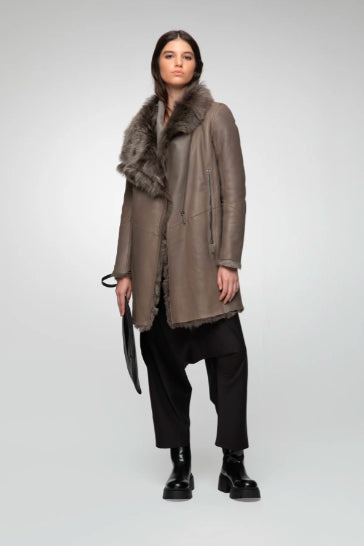 Dark Brown Shearling Fur Leather Coat for Women