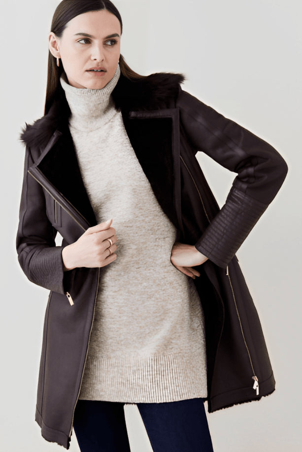 Dark Brown Women's Shearling Leather Coat – Warm & Stylish Winter Wear