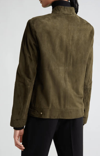 Khaki Suede Leather Motorcycle Jacket for Women