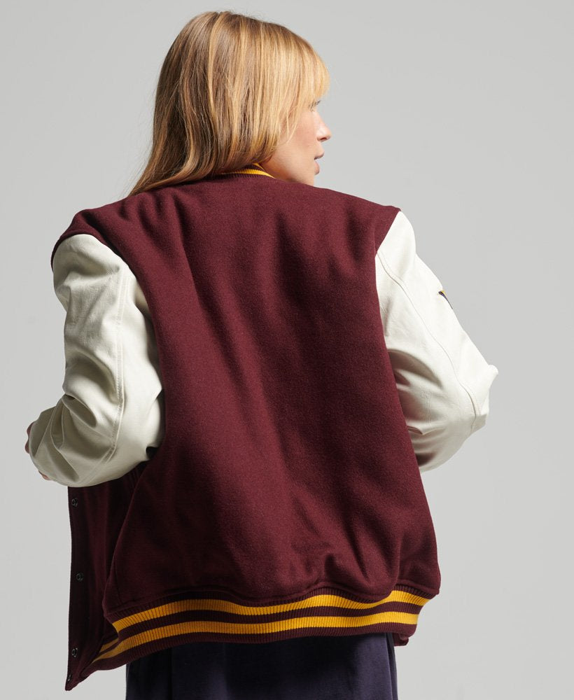 Maroon & White Varsity Bomber Leather Jacket for Women