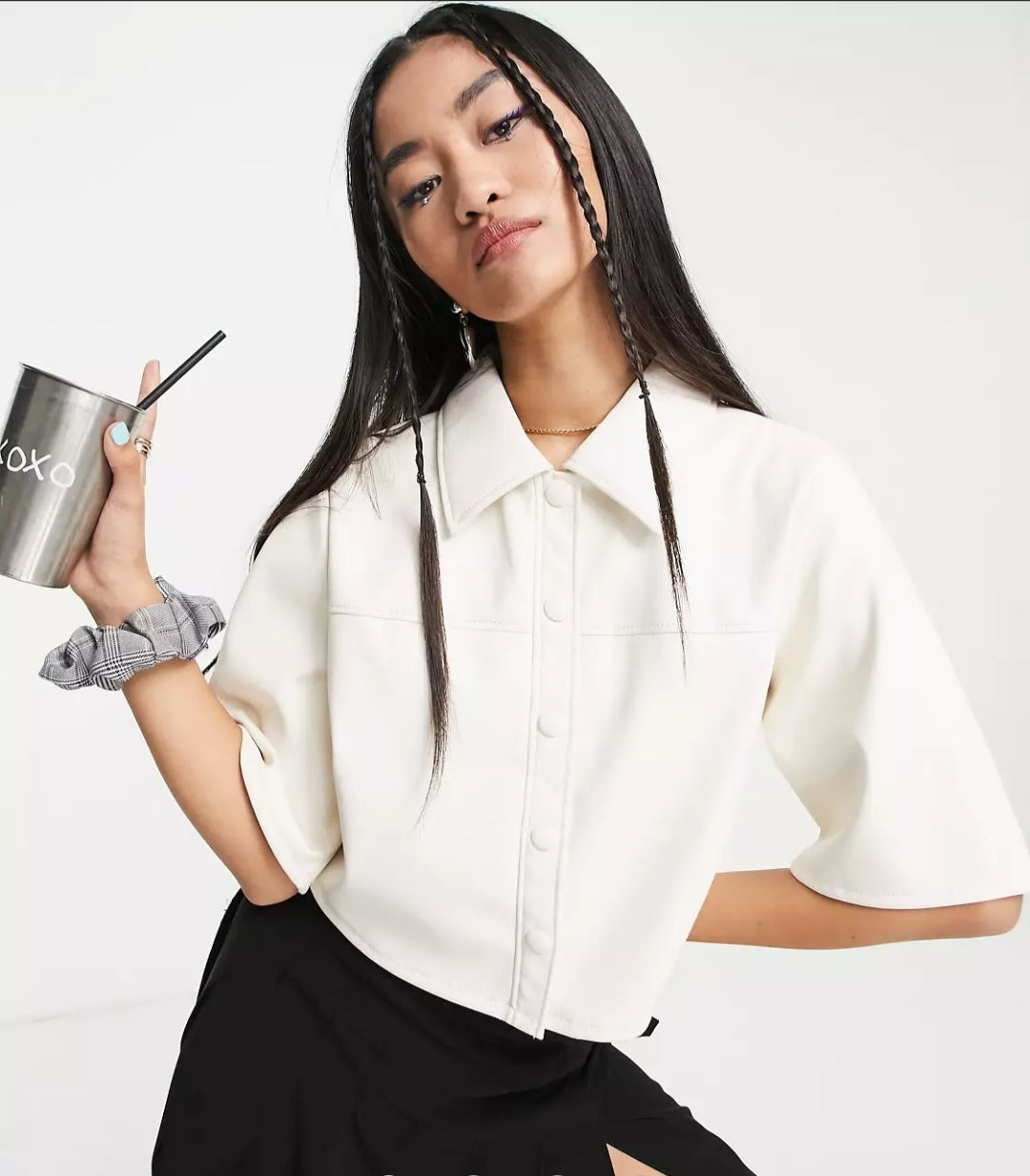 Ivory Breeze Cropped Leather Shirt – Women's Half Sleeve White Leather Shirt