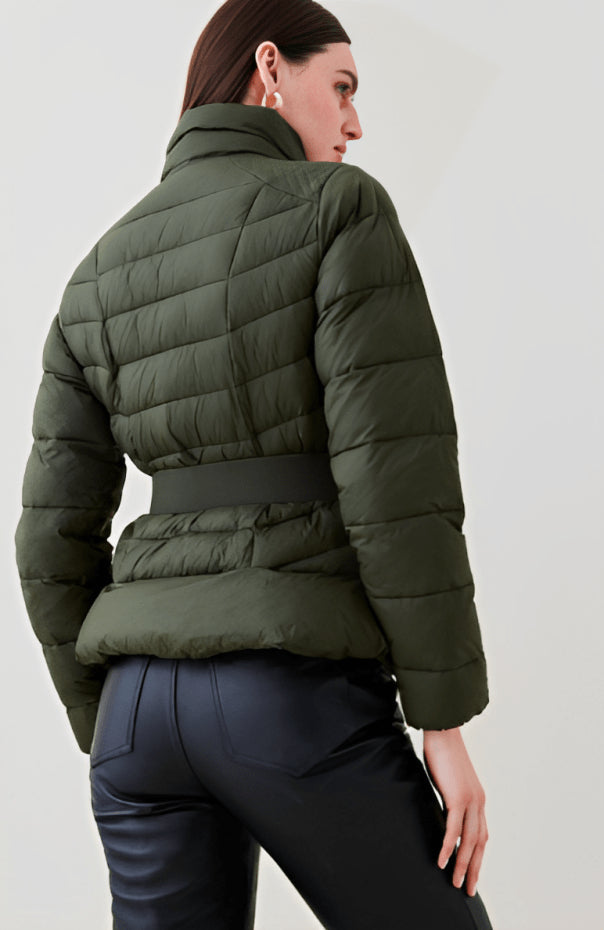 Khaki Belted Puffer Jacket for Women