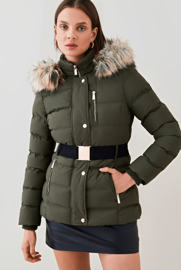 Khaki Belted Puffer Jacket with Faux Fur Hood for Women