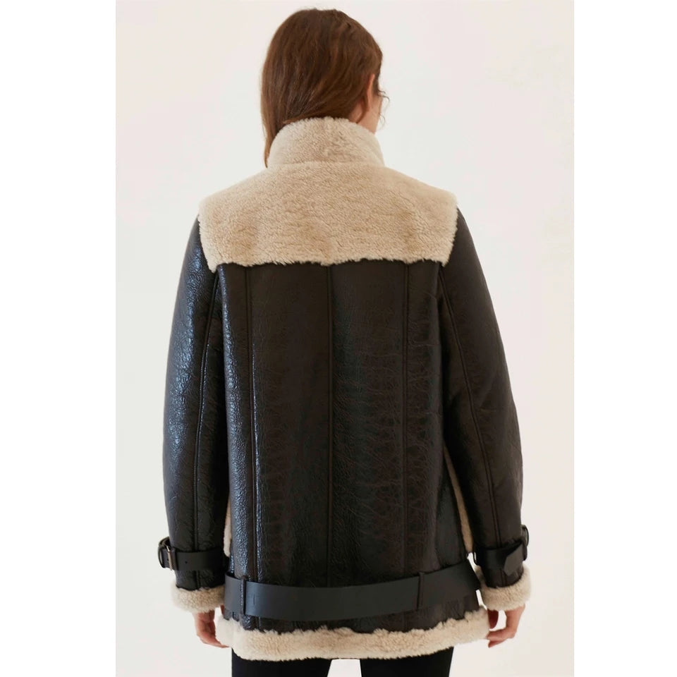 Dark Brown Sheepskin Fur Leather Coat for Women