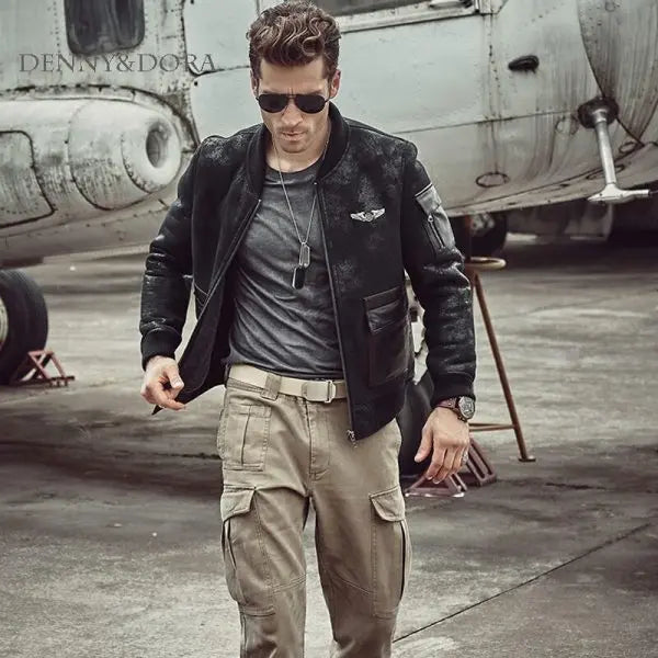 Men’s Aviator B3 Shearling Leather Jacket in Black