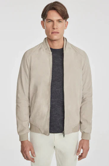 Men's Bomber Suede Leather Jacket in Off-White - Arcane