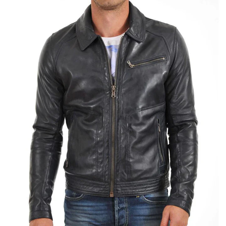Black Slim Fit Biker Leather Jacket for Men – Classic Motorcycle Style
