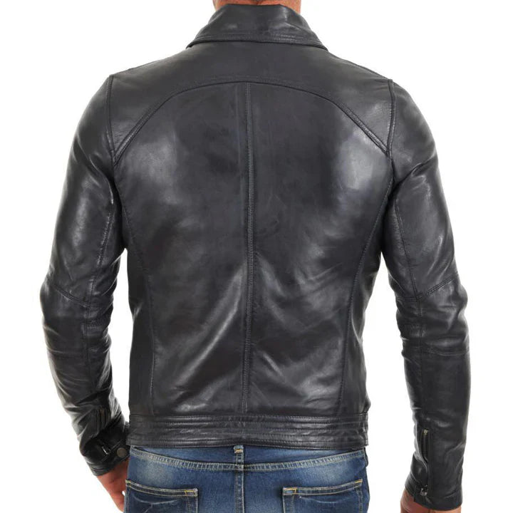 Black Slim Fit Biker Leather Jacket for Men – Classic Motorcycle Style