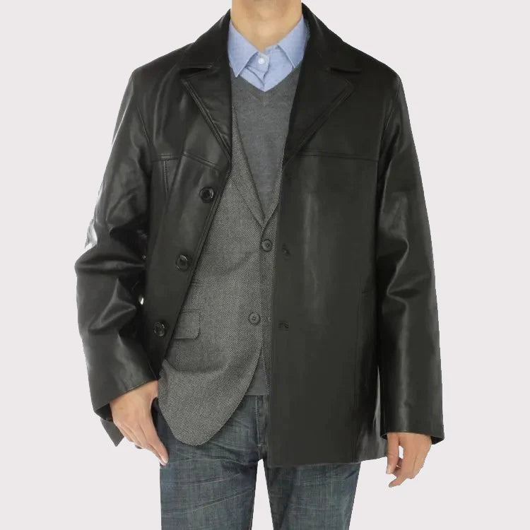 Men’s Black Lambskin Leather Overcoat Blazer – Soft & Sophisticated