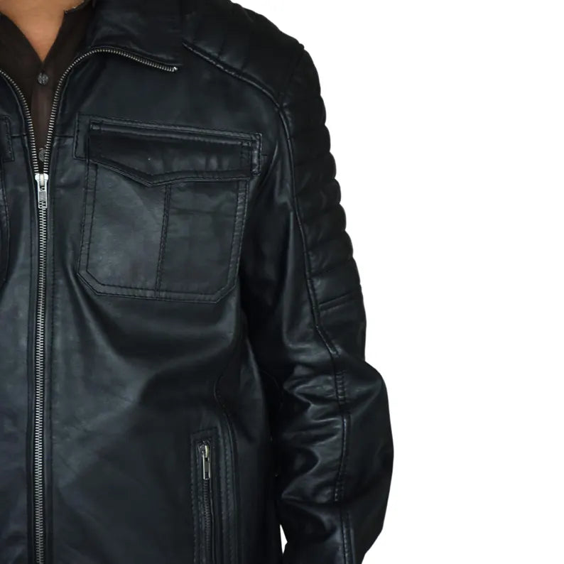 Men’s Black Genuine Leather Biker Jacket – Premium Design with YKK Zippers