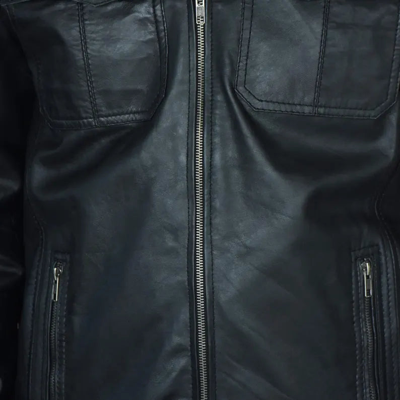 Men’s Black Genuine Leather Biker Jacket – Premium Design with YKK Zippers