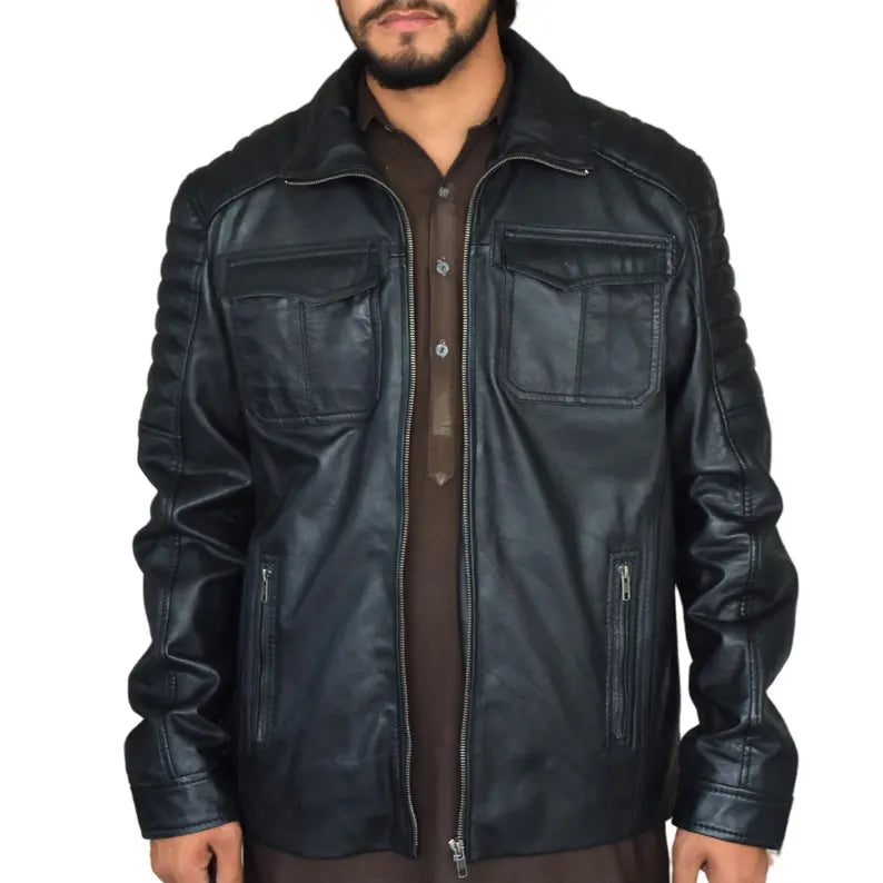 Men’s Black Genuine Leather Biker Jacket – Premium Design with YKK Zippers