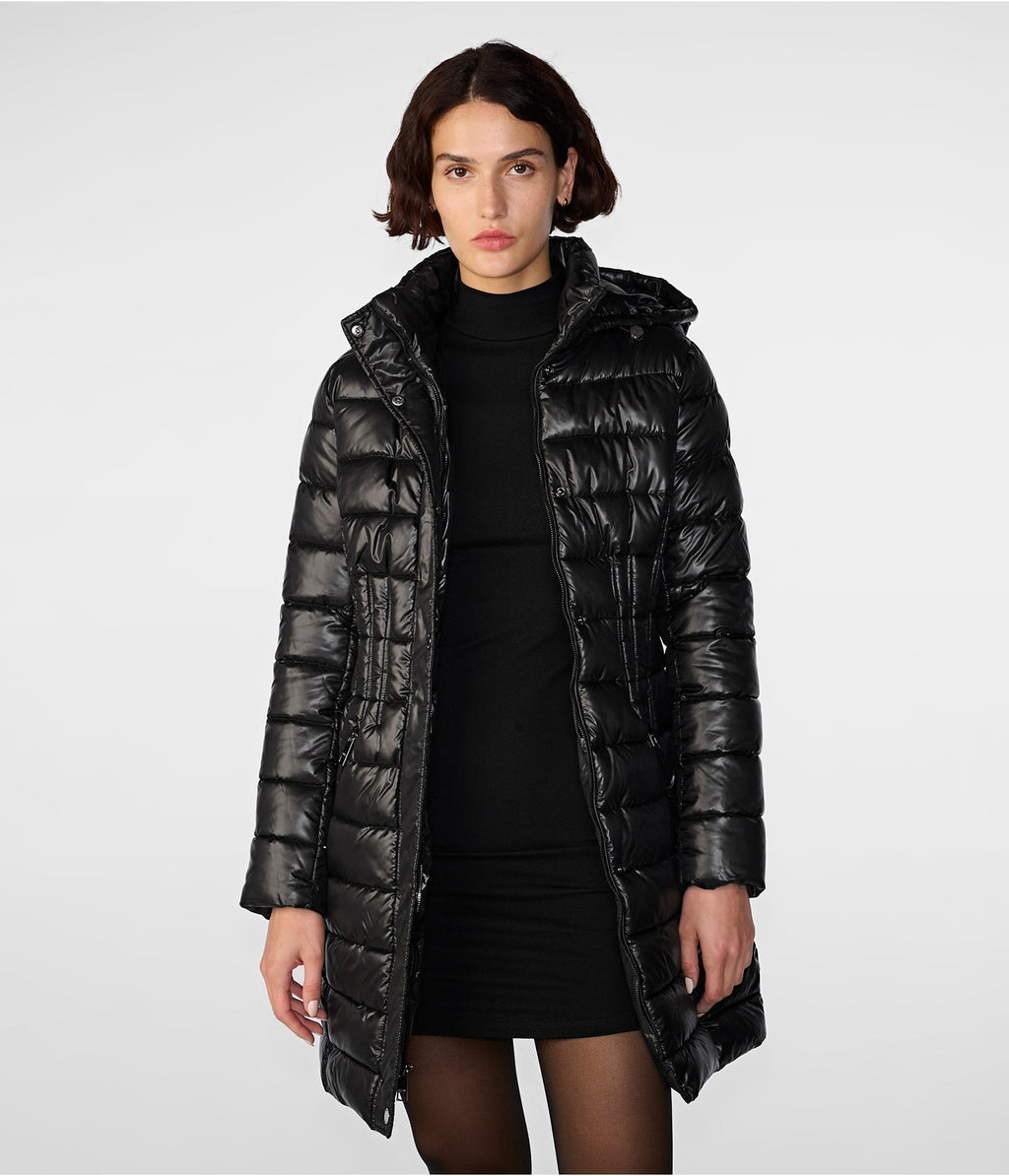 Black Quilted Puffer Coat with Hood for Women
