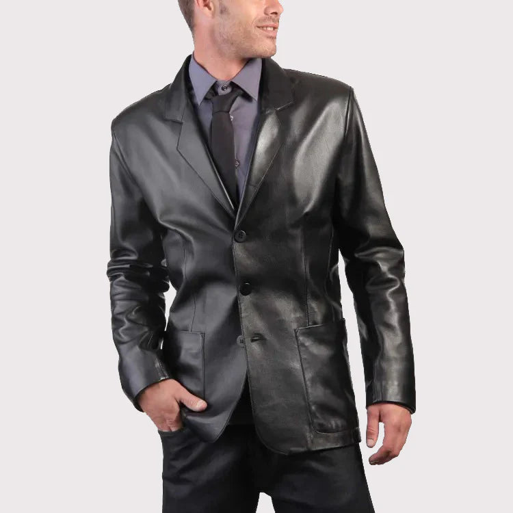 Men’s Black Leather Blazer Coat – 3-Button Elegant Style