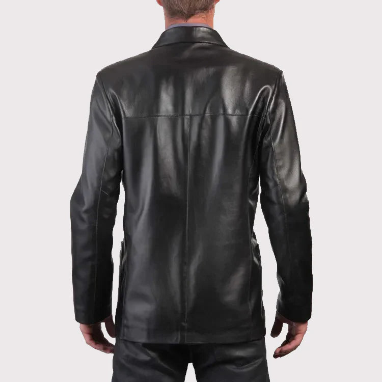 Men’s Black Leather Blazer Coat – 3-Button Elegant Style