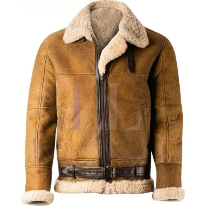 Men’s Handmade Sheepskin Suede Aviator Bomber Jacket – Real Shearling Flying Leather Coat