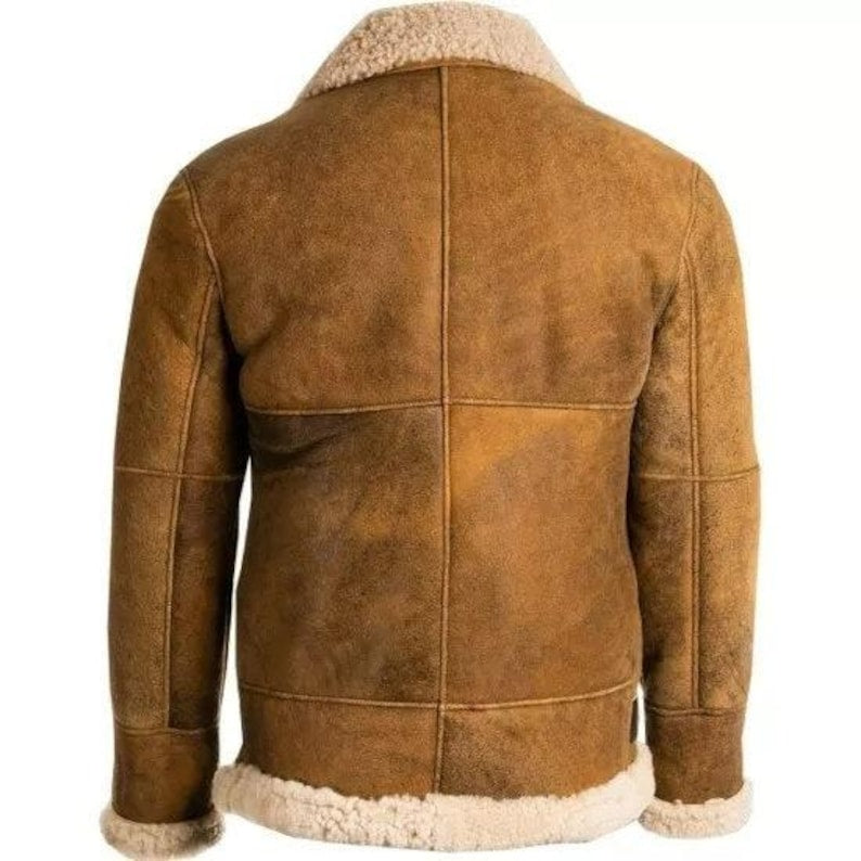 Men’s Handmade Sheepskin Suede Aviator Bomber Jacket – Real Shearling Flying Leather Coat