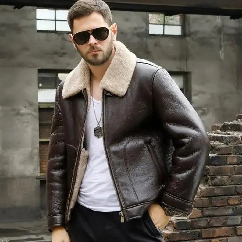 Handmade Men’s Coffee Brown Shearling Aviator Leather Jacket – B3 Bomber Winter Coat