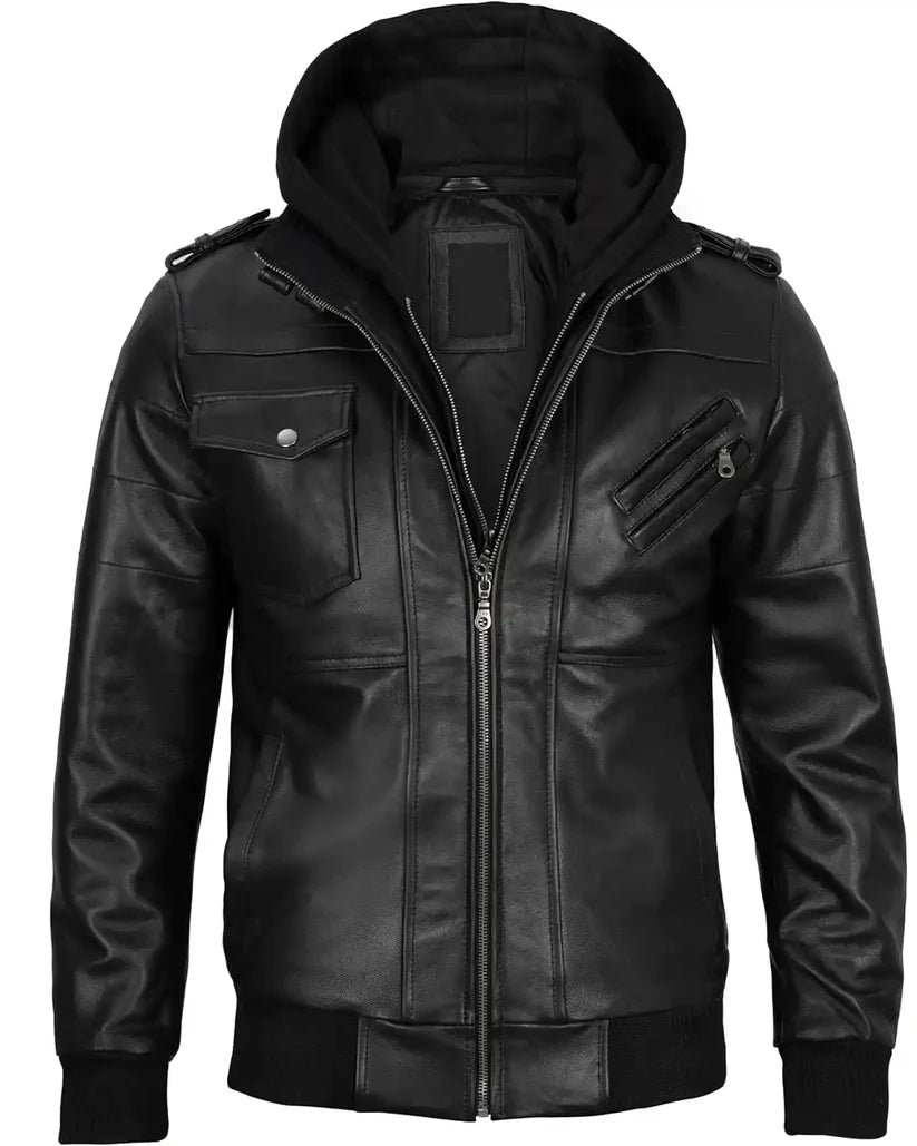 Urban Black Hooded Leather Bomber Jacket – Genuine Leather Flight Jacket for Men