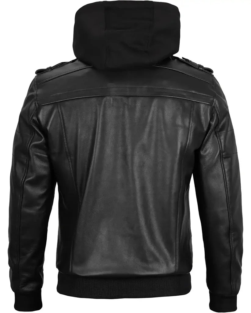 Urban Black Hooded Leather Bomber Jacket – Genuine Leather Flight Jacket for Men