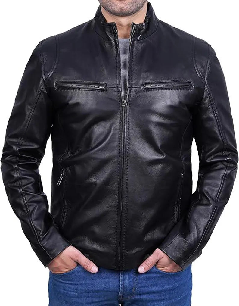 Men’s Classic Black Lambskin Leather Biker Jacket – Premium Cafe Racer Style
