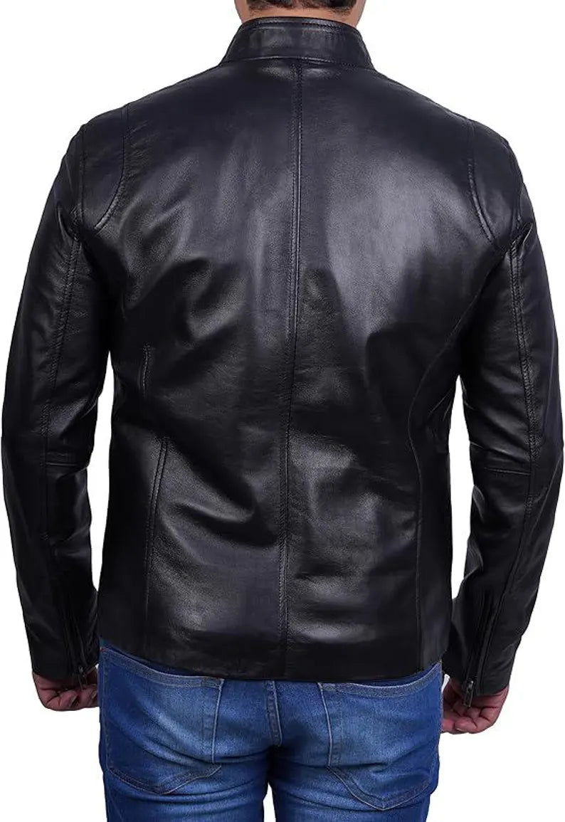 Men’s Classic Black Lambskin Leather Biker Jacket – Premium Cafe Racer Style