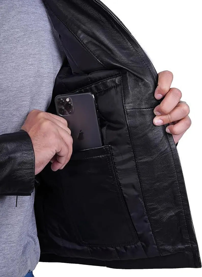 Men’s Classic Black Lambskin Leather Biker Jacket – Premium Cafe Racer Style