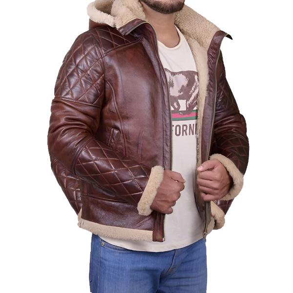 Men's Brown Shearling Jacket with Detachable Hoodie – Premium Sheepskin Winter Coat