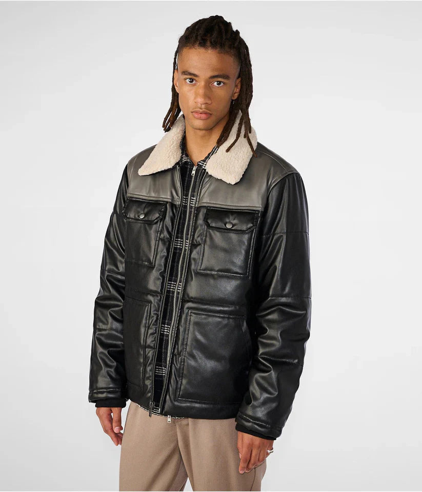 Men's Leather Puffer Jacket in Black & Gray With Removable Shearling Collar