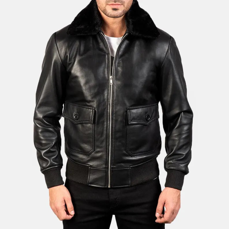 Men’s Airin G-1 Black Sheepskin Leather Bomber Jacket – Shearling-Lined with Fur Collar