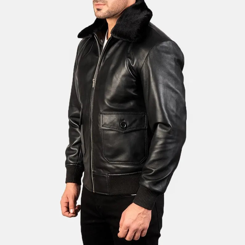 Men’s Airin G-1 Black Sheepskin Leather Bomber Jacket – Shearling-Lined with Fur Collar