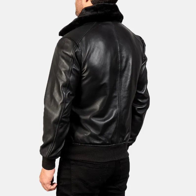 Men’s Airin G-1 Black Sheepskin Leather Bomber Jacket – Shearling-Lined with Fur Collar
