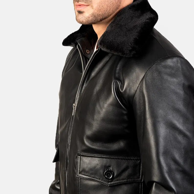 Men’s Airin G-1 Black Sheepskin Leather Bomber Jacket – Shearling-Lined with Fur Collar