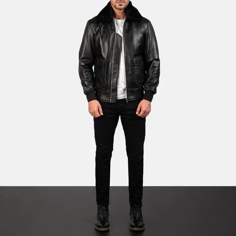 Men’s Airin G-1 Black Sheepskin Leather Bomber Jacket – Shearling-Lined with Fur Collar
