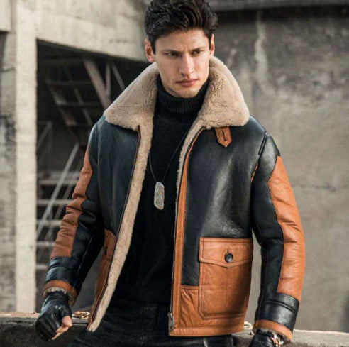 Men’s Aviator Fur Sheepskin Leather Jacket in Black & Brown
