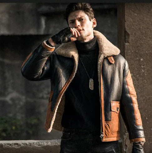 Men’s Aviator Fur Sheepskin Leather Jacket in Black & Brown