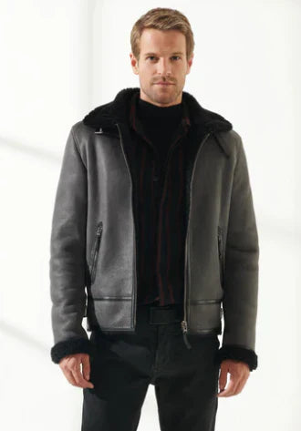 Men’s Aviator Fur Sheepskin Leather Jacket in Gray