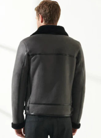 Men’s Aviator Fur Sheepskin Leather Jacket in Gray