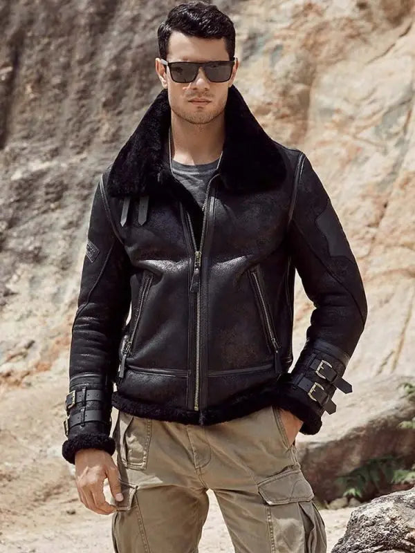 Men's B3 Aviator Shearling Leather Jacket in Black