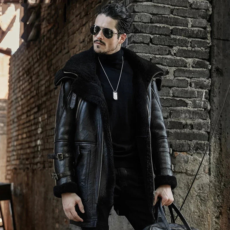 Men’s B7 Bomber Sheepskin Leather Coat in Black with Oversized Collar